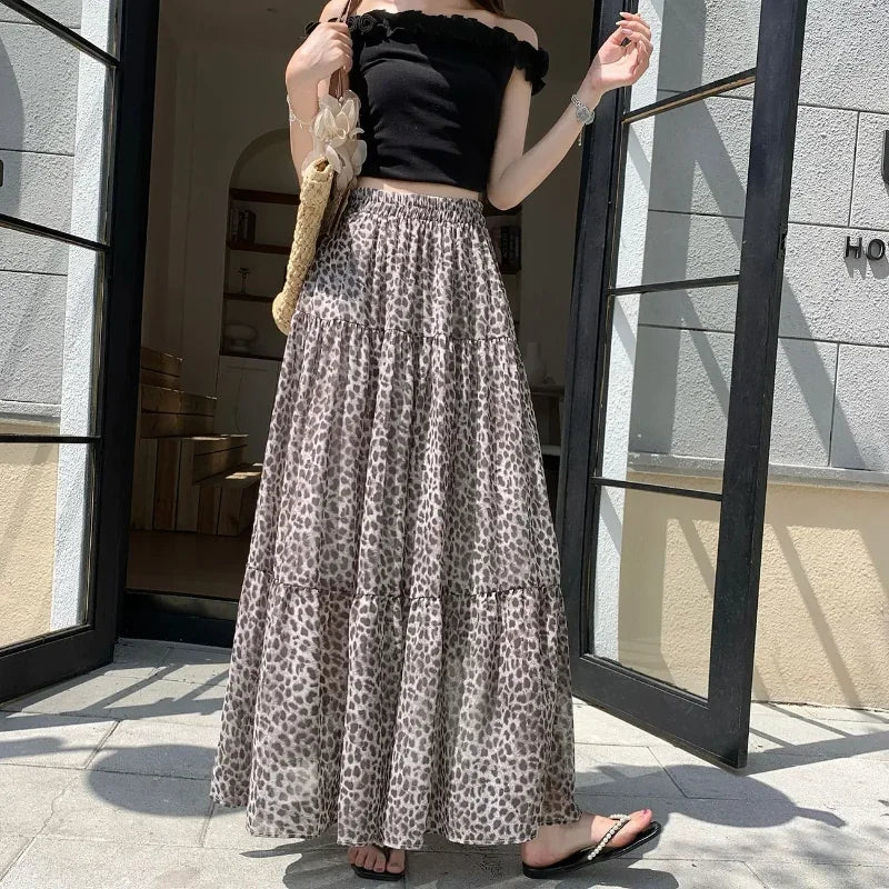 Vintage Leopard Print Tiered Maxi Skirt For Women
