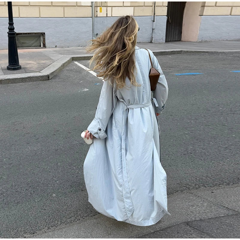 Lapel Collar Button Front Long Trench Coat With Waist Belt for Women