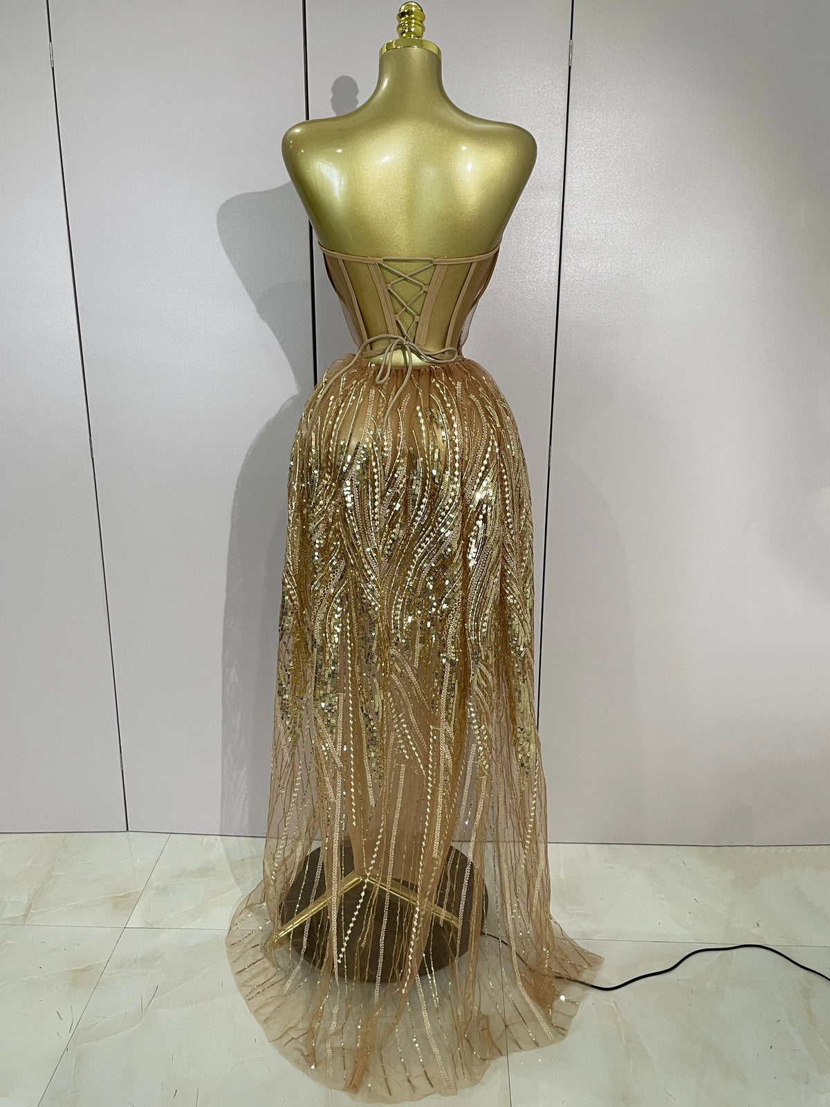 Elegant Sparkly Diamond Sequins Sexy Strapless See-Through Long Dress Women Evening Birthday Party Dress Nightclub Stage Costume
