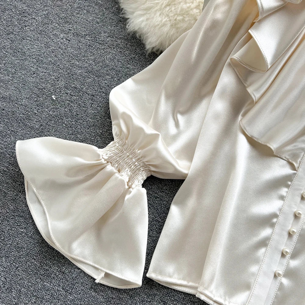 Elegant Satin Ruffle Long Sleeve Blouse for Women