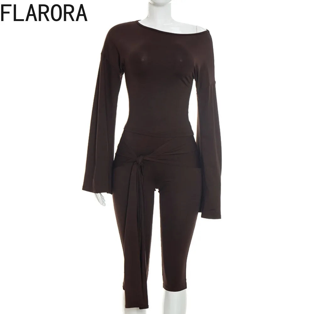 Slash Neck Two Piece Crop Top And Capri Pants Set for Women