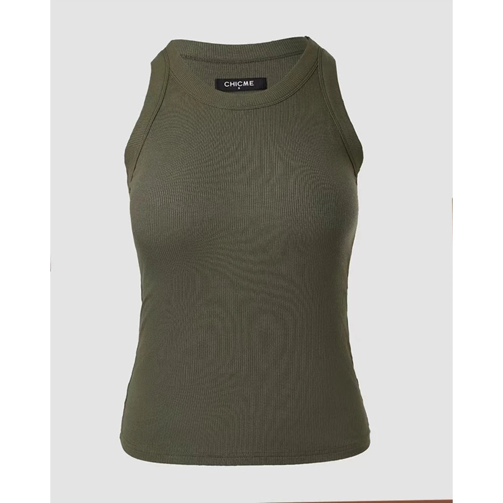 New Style Summer Round Neck Ribbed Tank Top With Bra Pads Fashion Sexy Femme Casual Sleeveless Top Solid T Shirt Streetwear