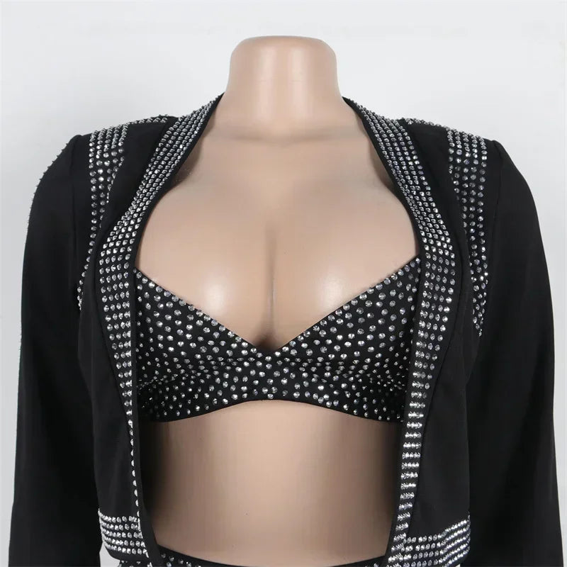 Rhinestone Three Piece Crop Top And Shorts Set for Women