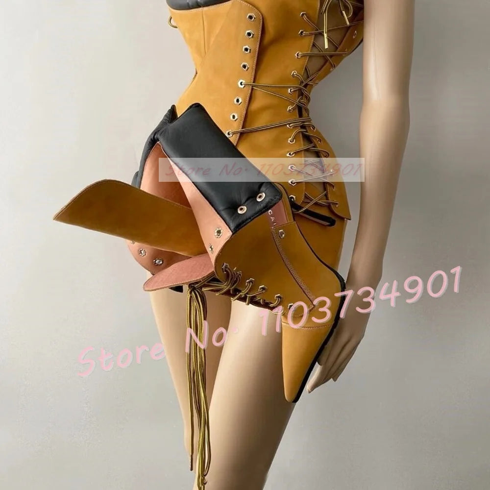 Yellow Pointed Toe Lace Up Stiletto Booties For Women