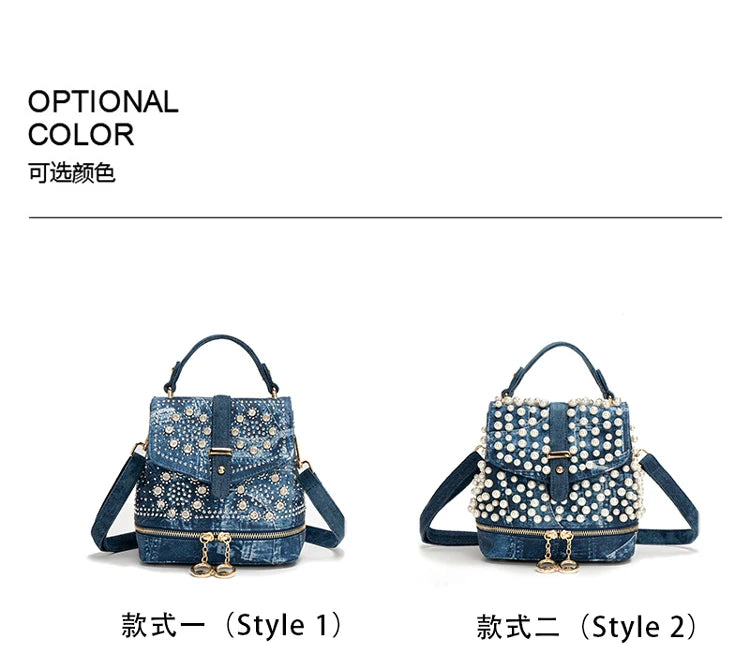 Diamond Embellished Denim Multiway Backpack for Women