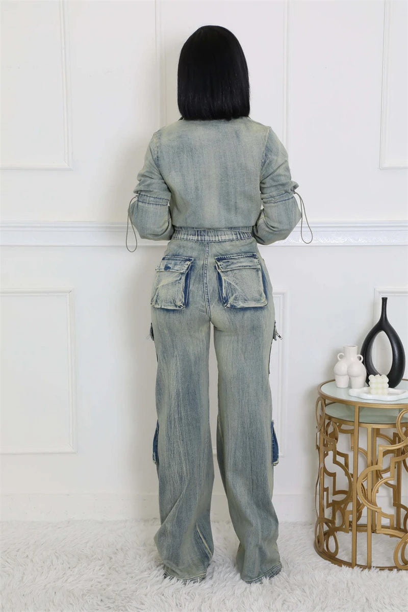 Streetwear Denim Crop Top And Cargo Pants Set for Women