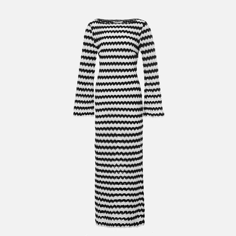 Casual Women O-neck Long Sleeved Slim Fit Dress Side Split Design Streetwear Maxi Dress Mujer Stripe Print Autumn Knitted Dress