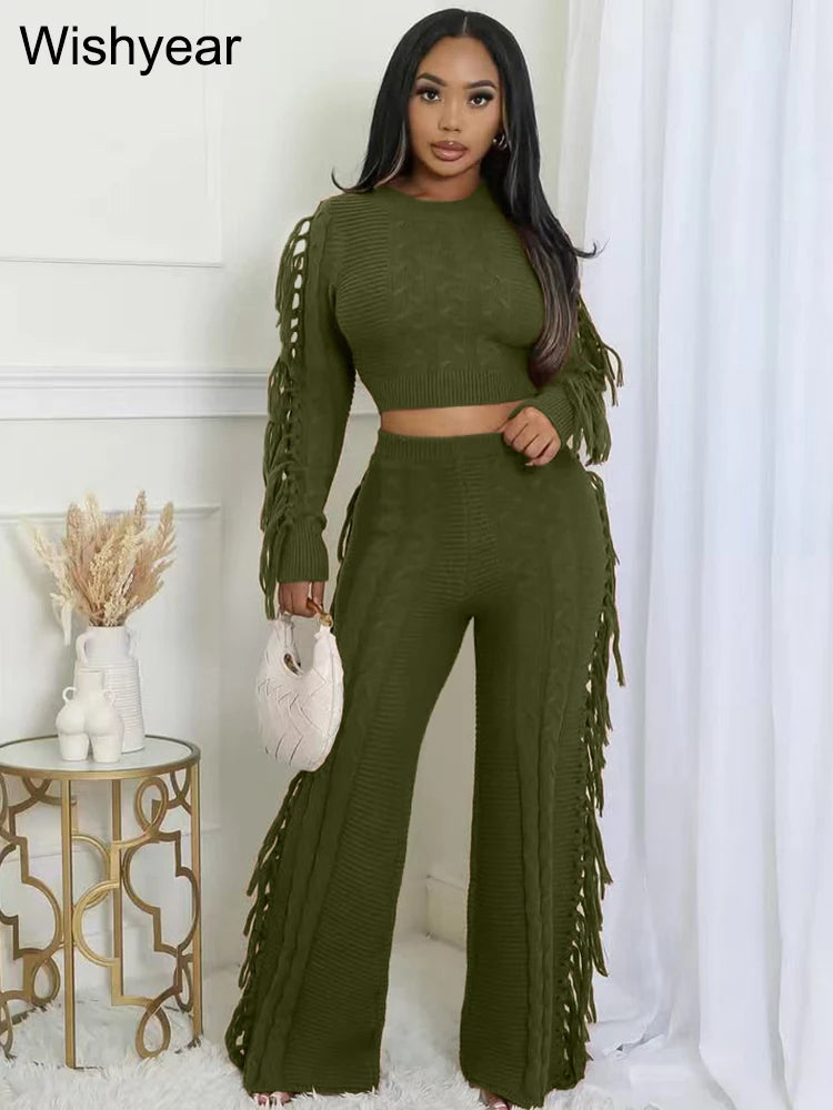 Casual Winter Warm Knitted Sweater Tassel 2 Piece Set  Women Long Sleeve Crop Top and Pants Streetwear outdoors vacation Outfits