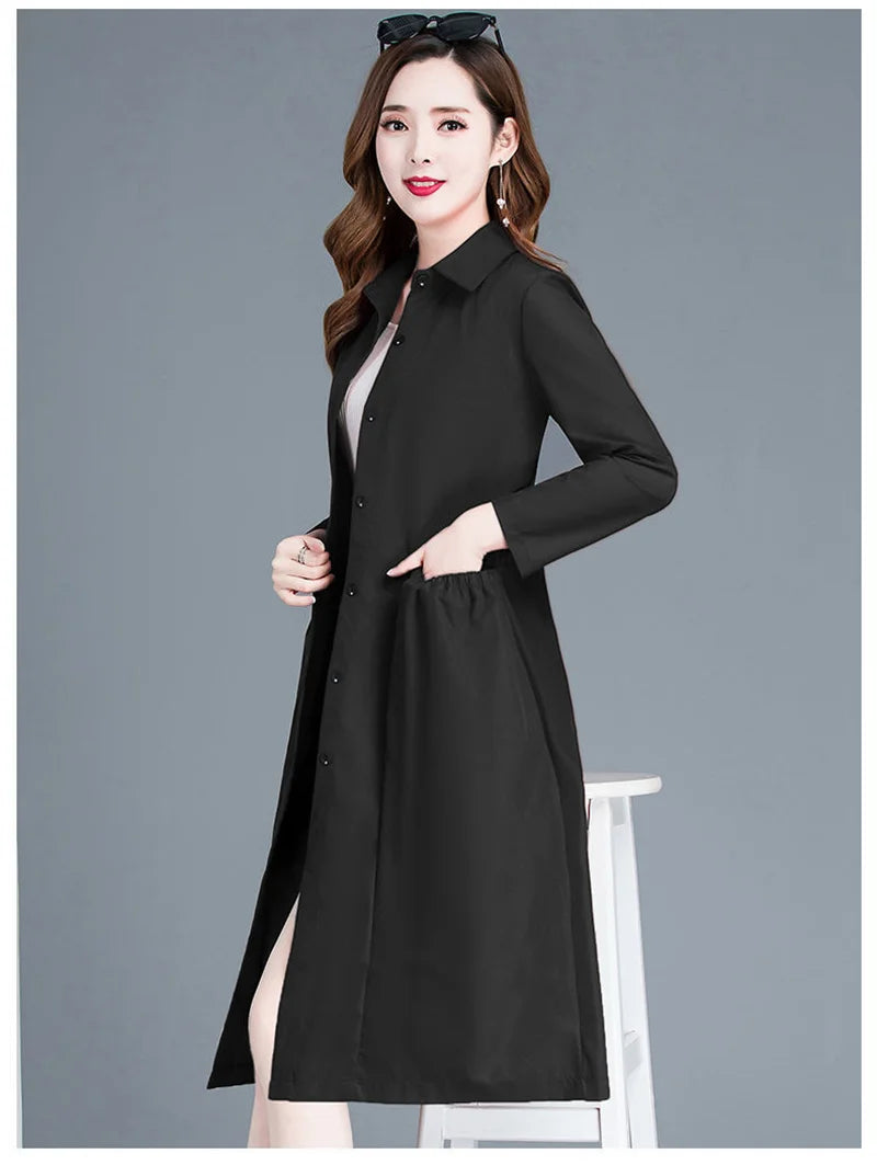 Fashion Windbreaker Women's Mid-Length And Thin Spring Summer Autumn Big Pocket Coat Female Popular Temperament Mother Jacket5XL