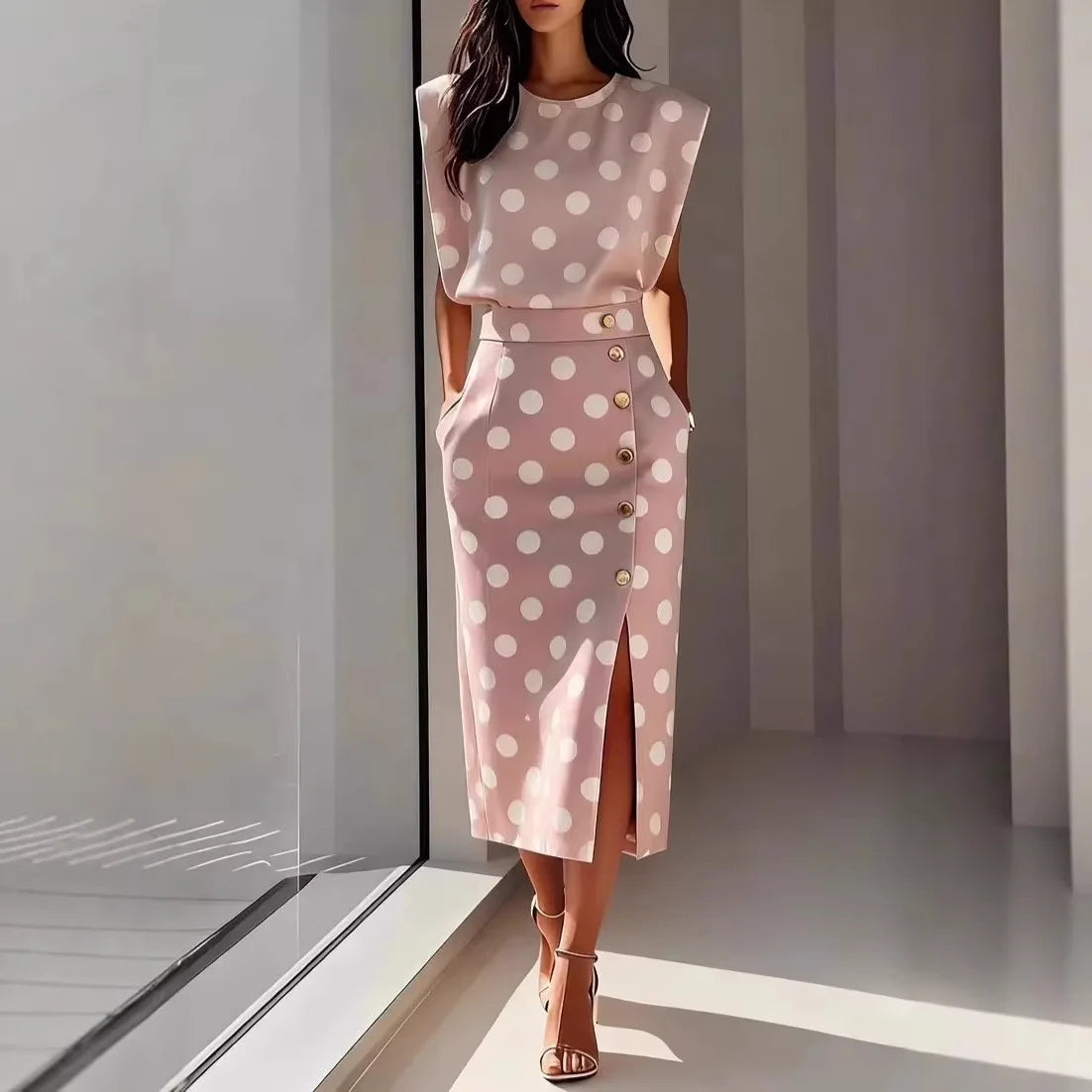 Elegant Print Sleeveless Vest Two Piece Skirt Set for Women