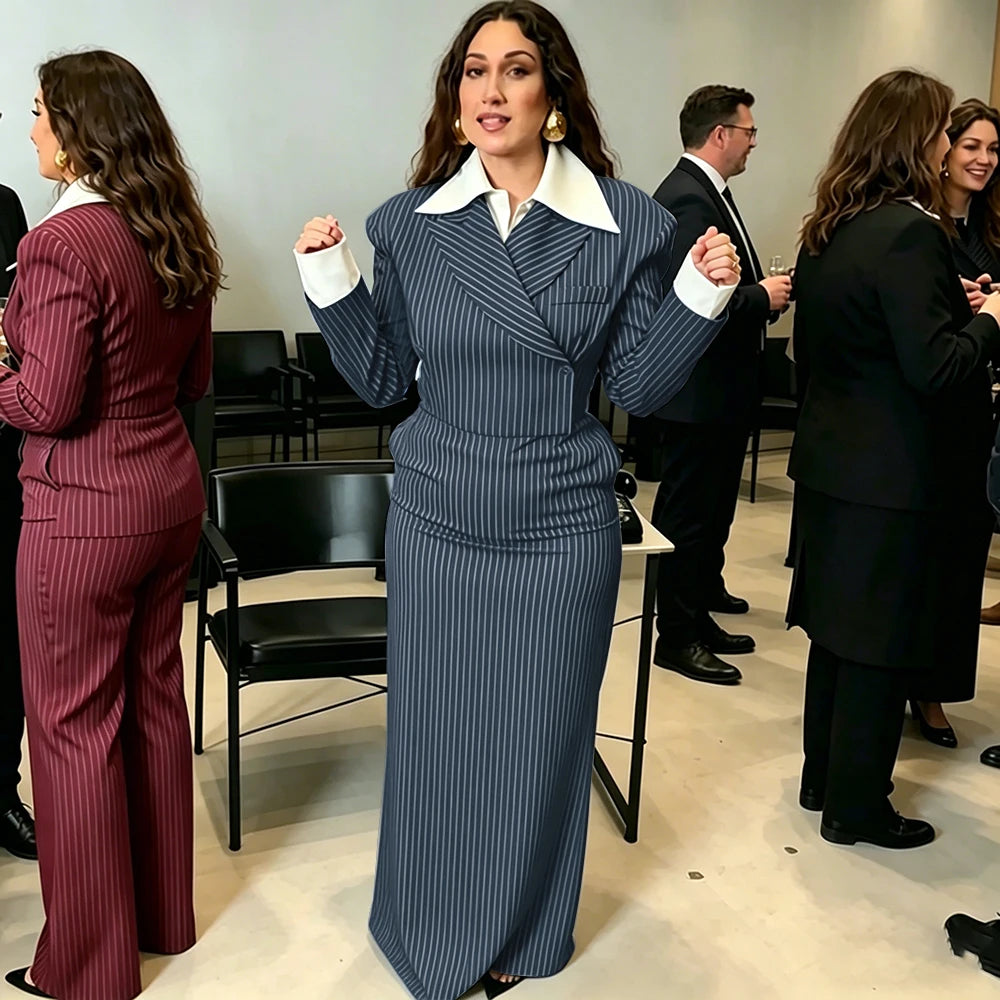 Navy Pinstripe Single Breasted Blazer Skirt Set for Women