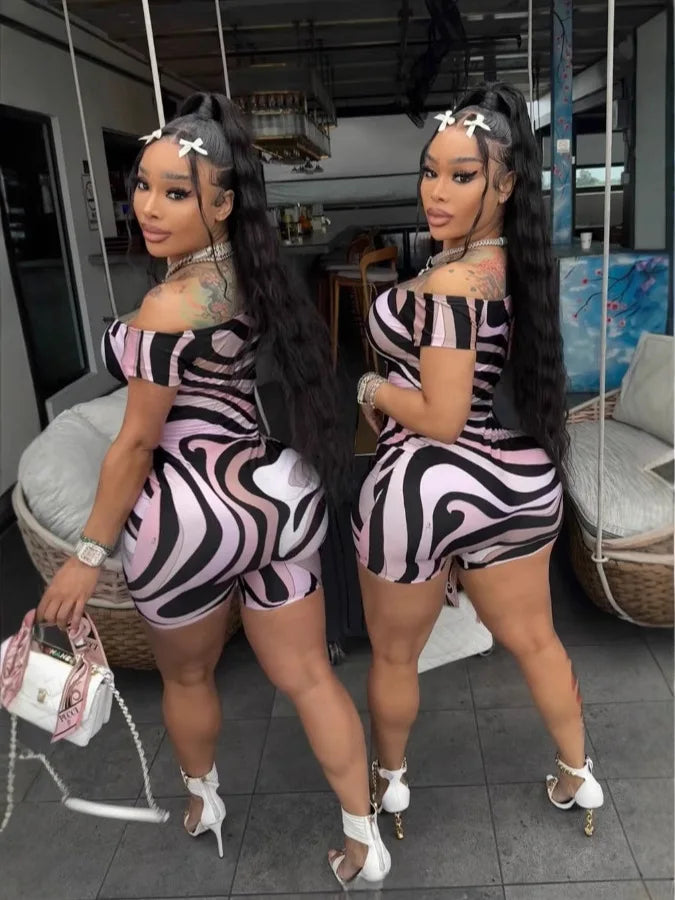 FAGADOER Sexy Stripe Print Bodycon Romper Women Off Showlder Backless One-piece Jumpsuits Hot Girl Streetwear Overalls 2025 New