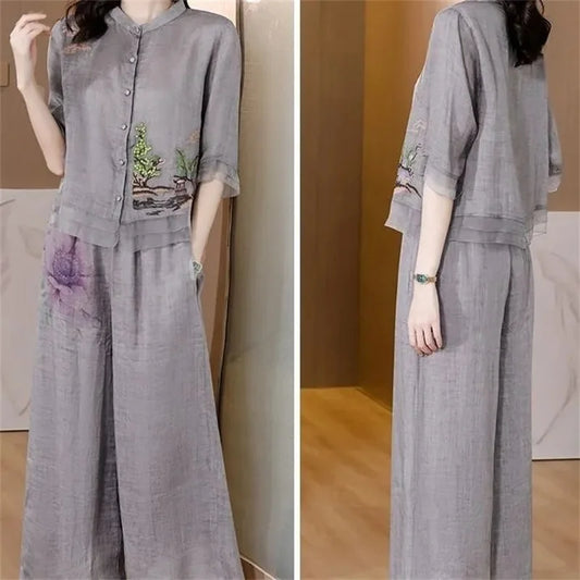 Grey Summer Art Embroidery Chinese Style Set Linen Western Style Summer Wide Leg Pants Casual Fashion Two piece Cotton Set XXXL