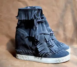 Girls Beige Black Gray Pink Suede Genuine Leather Round Toe Tassel Fringed 8 CM Height Increasing Wedges Sneakers Ankle Boots