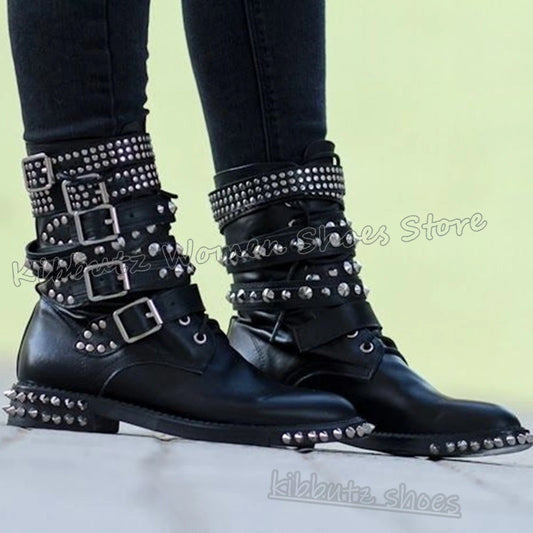 Ankle Boots Rivets Belt Buckle Metal Decor Leather Solid Color Punk Rock Leather Solid Color Fashion Luxury Sexy Women Shoes New