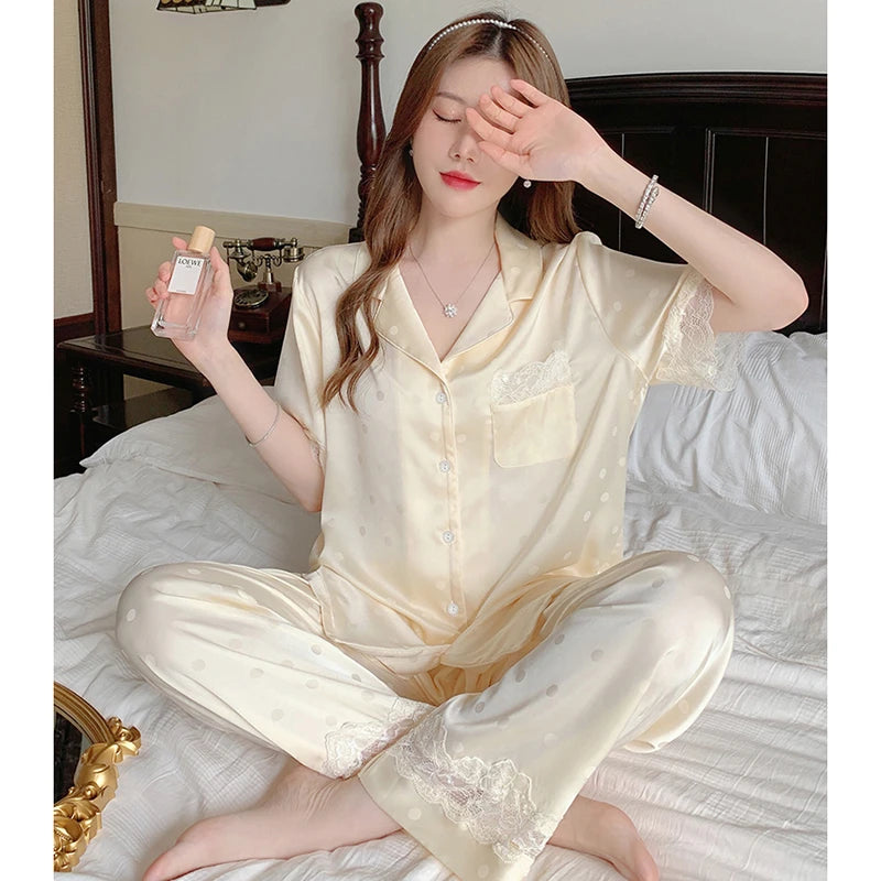 Y2k Pink Sweet Dot Lace Jacquard Women Pajamas French Romantic Lazy Lady Nightgown 2024 New Summer Korean Harajuku Home 2pc Set