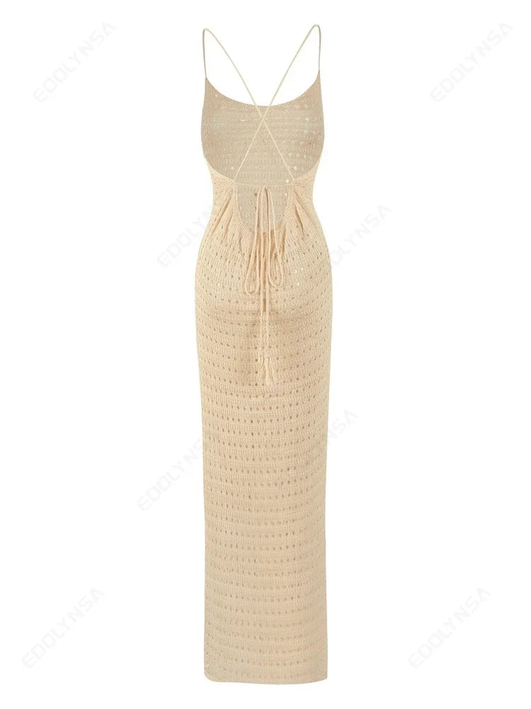 Sexy Knit Cut Out Tassel Spaghetti Strap Bodycon Beach Maxi Dress Summer Women's Holiday Club Party Outfit Swimsuit Cover Up K10