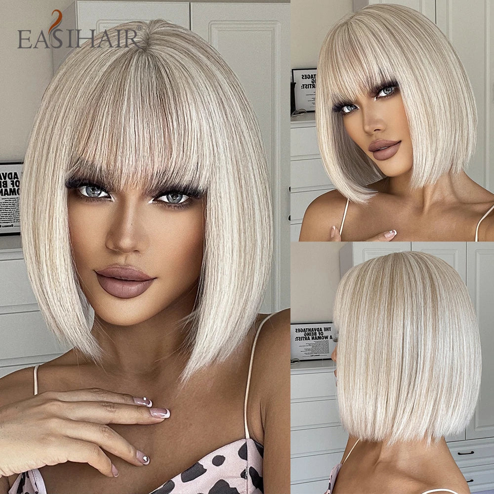 Light Blonde Bob Wig With Bangs for Women Heat Resistant