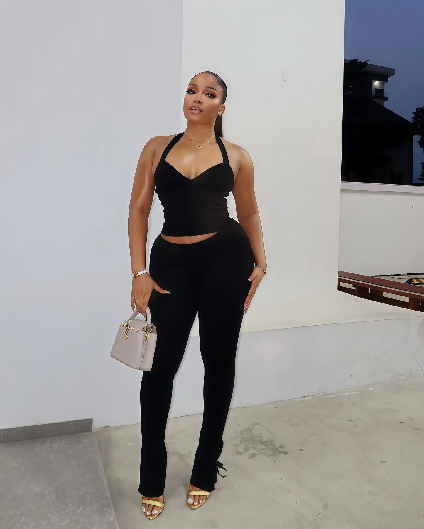 Solid Color Halter Neck Crop Top Two Piece Set for Women