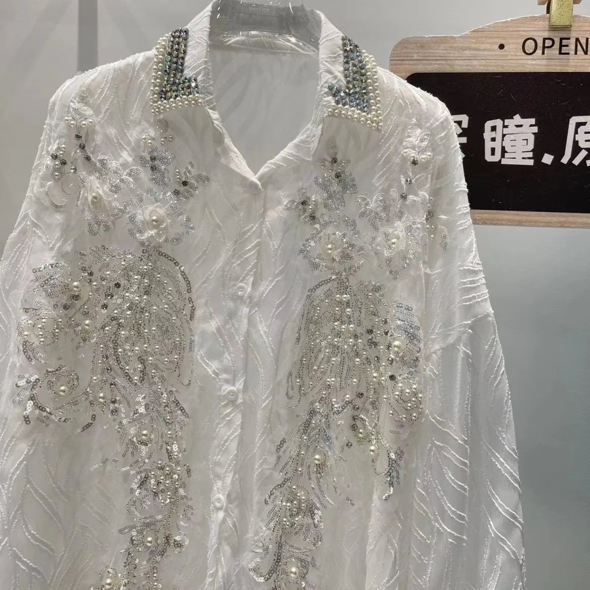 Sequined Embroidery Chiffon Long Sleeve Blouse for Women