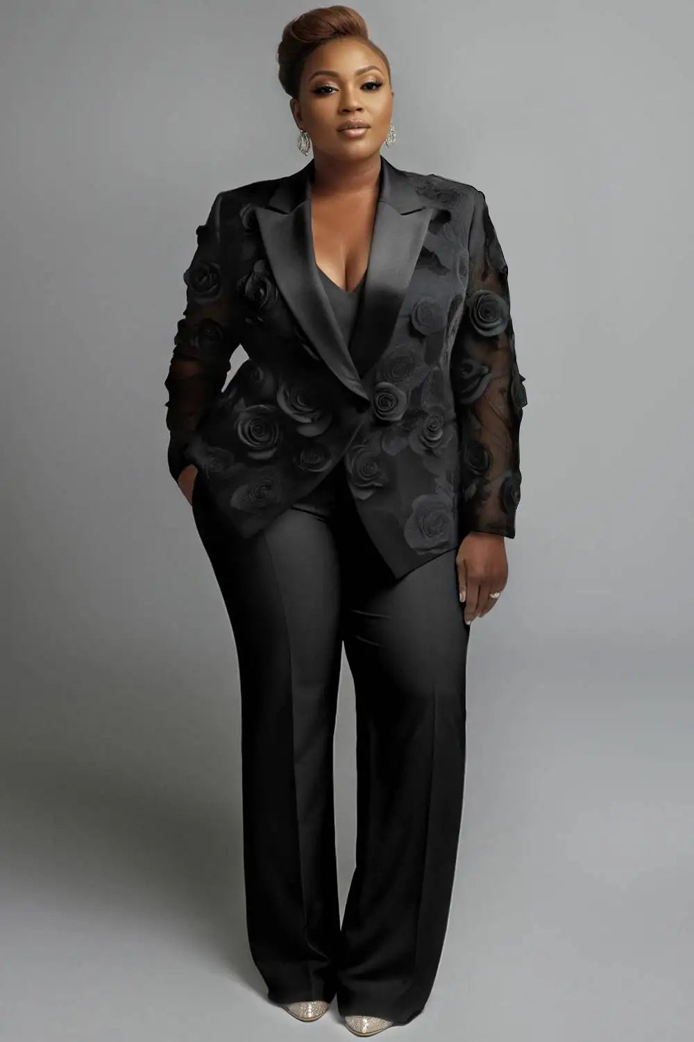 Plus Size Wedding White Elegant Lapel Collar Long Sleeve See Through 3D Two Piece Pant Suits