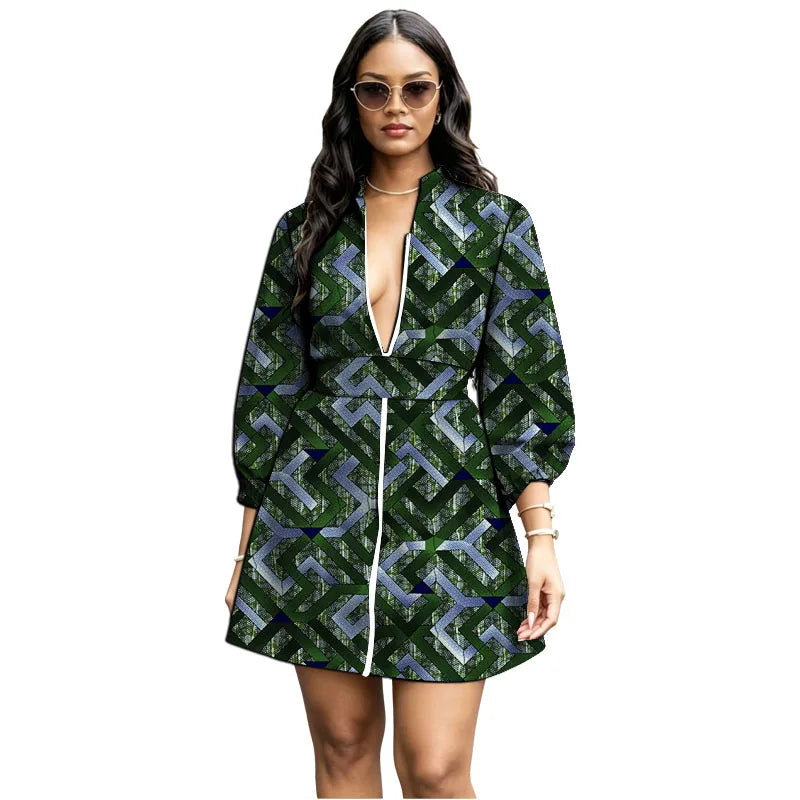 Zipper Belt African Print Loose Bishop Sleeve Dress for Women