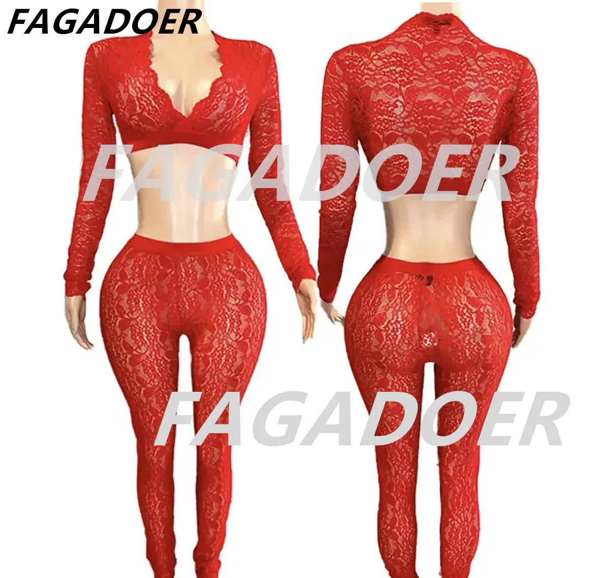 Lace Sheer Two Piece Set With Deep V Crop Tops for Women