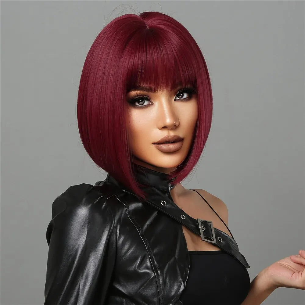 Heat Resistant Wine Red Bob Wig With Thick Bangs for Women
