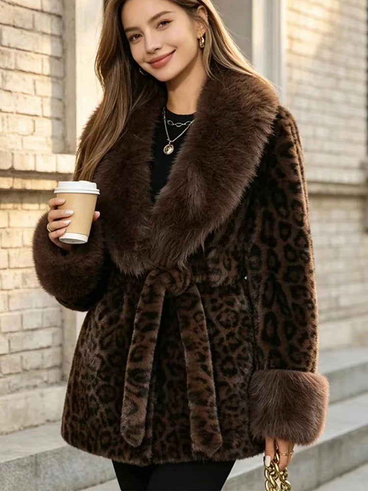 Leopard Print Faux Fur Patchwork Winter Overcoat for Women