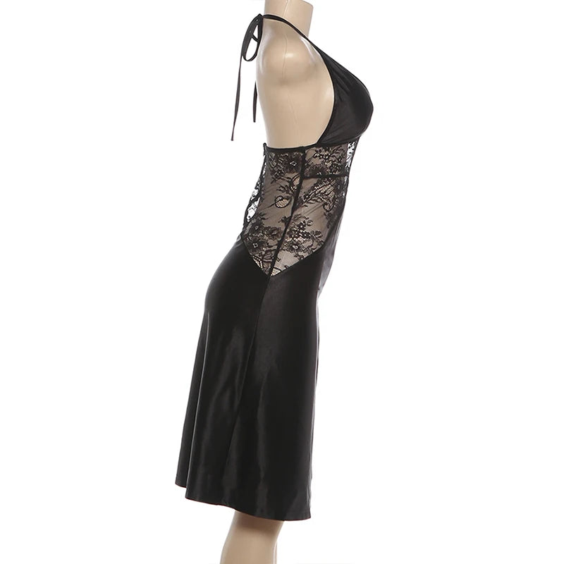 Halter Lace Patchwork Bodycon Midi Dress for Women