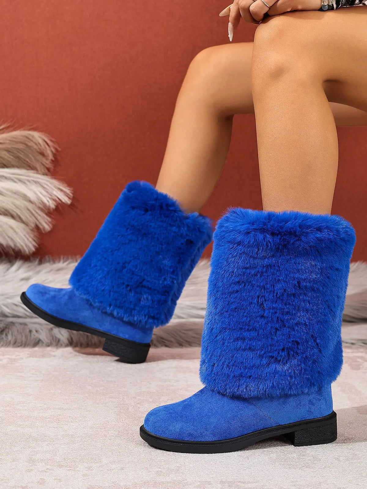 Plush Faux Fur Slip On Mid Calf Winter Snow Boots For Women