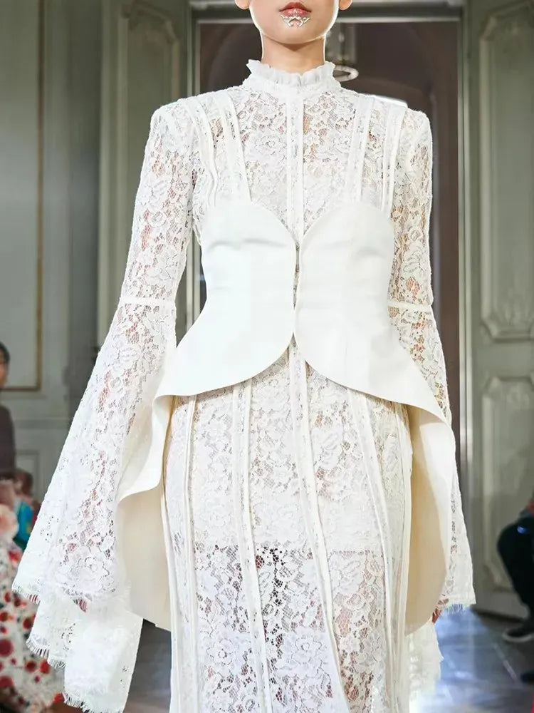 TWOTWINSTYLE Patchwork Lace Slimming Dresses For Women Stand Collar Flare Sleeve High Waist Solid Elegant Dress Female Fashion