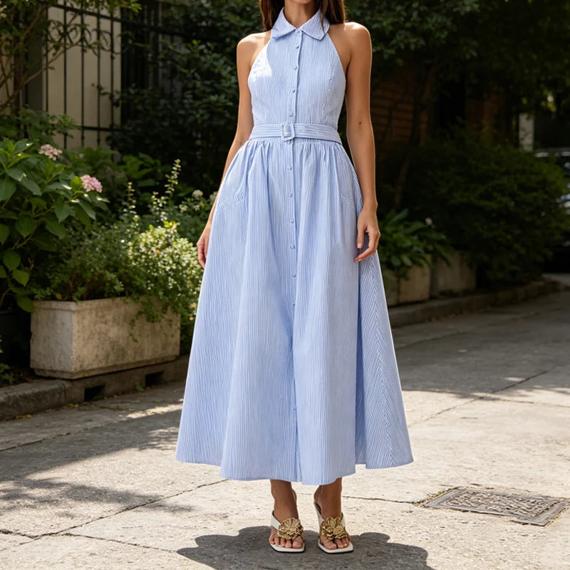 Vintage Striped Belted Ankle Length Shirt Dress for Women