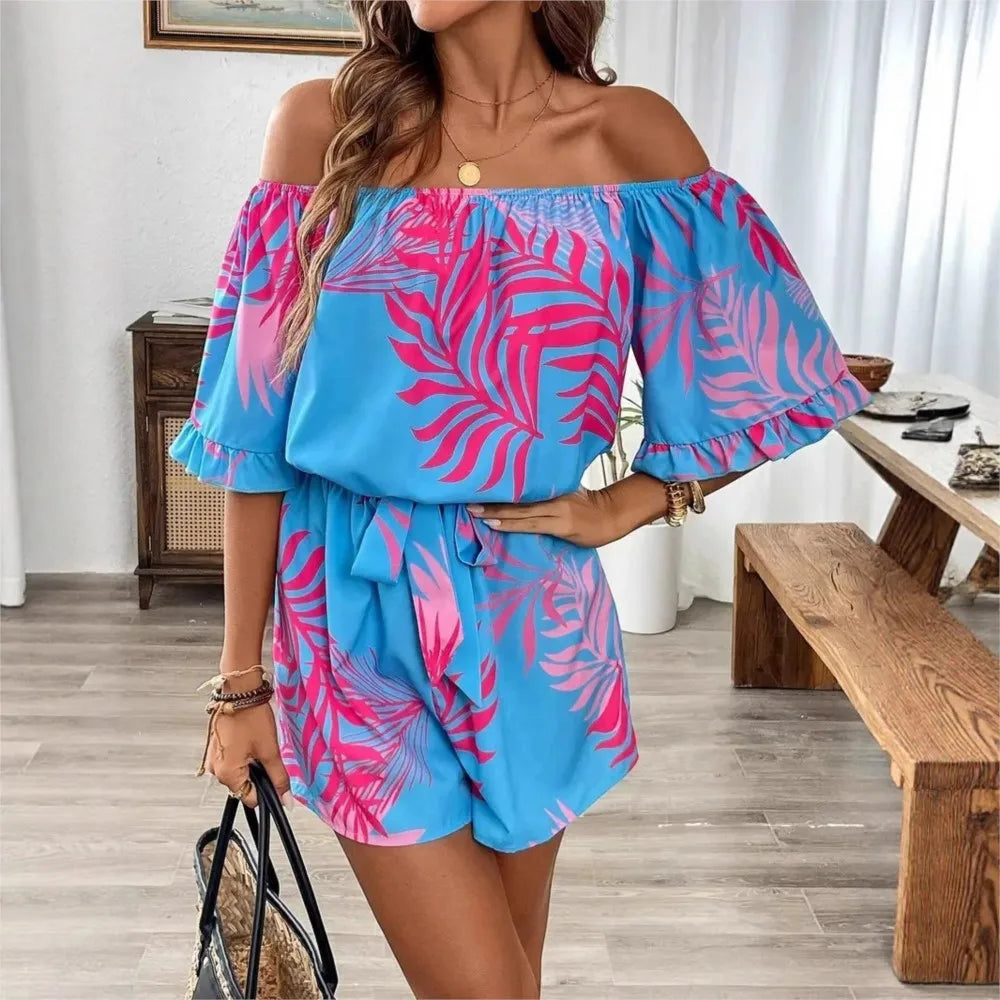 One-Shoulder Printed Short-Sleeve Lace-Up Waist Jumpsuit for Women