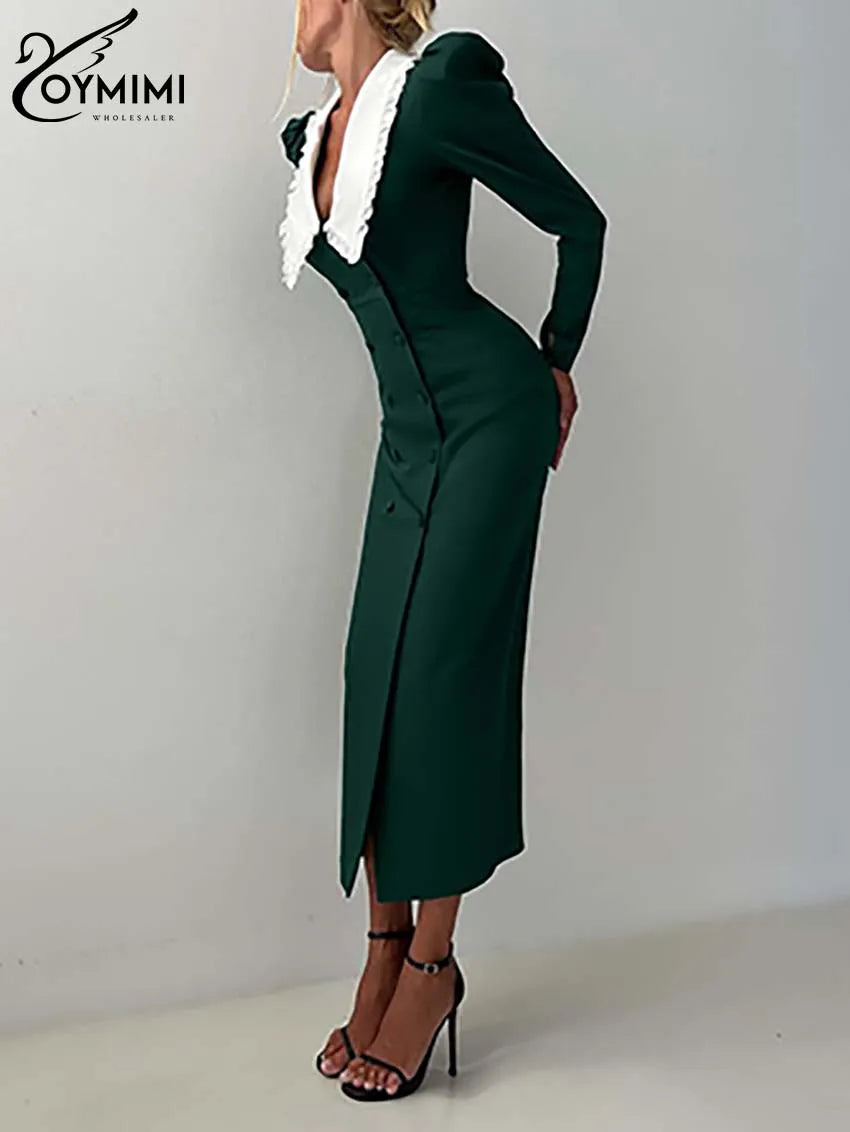 Oymimi Fashion Green Patchwork Womens Dresses Elegant Peter Pan Collar Long Sleeve Dresses Casual Slim Double Breasted Dress