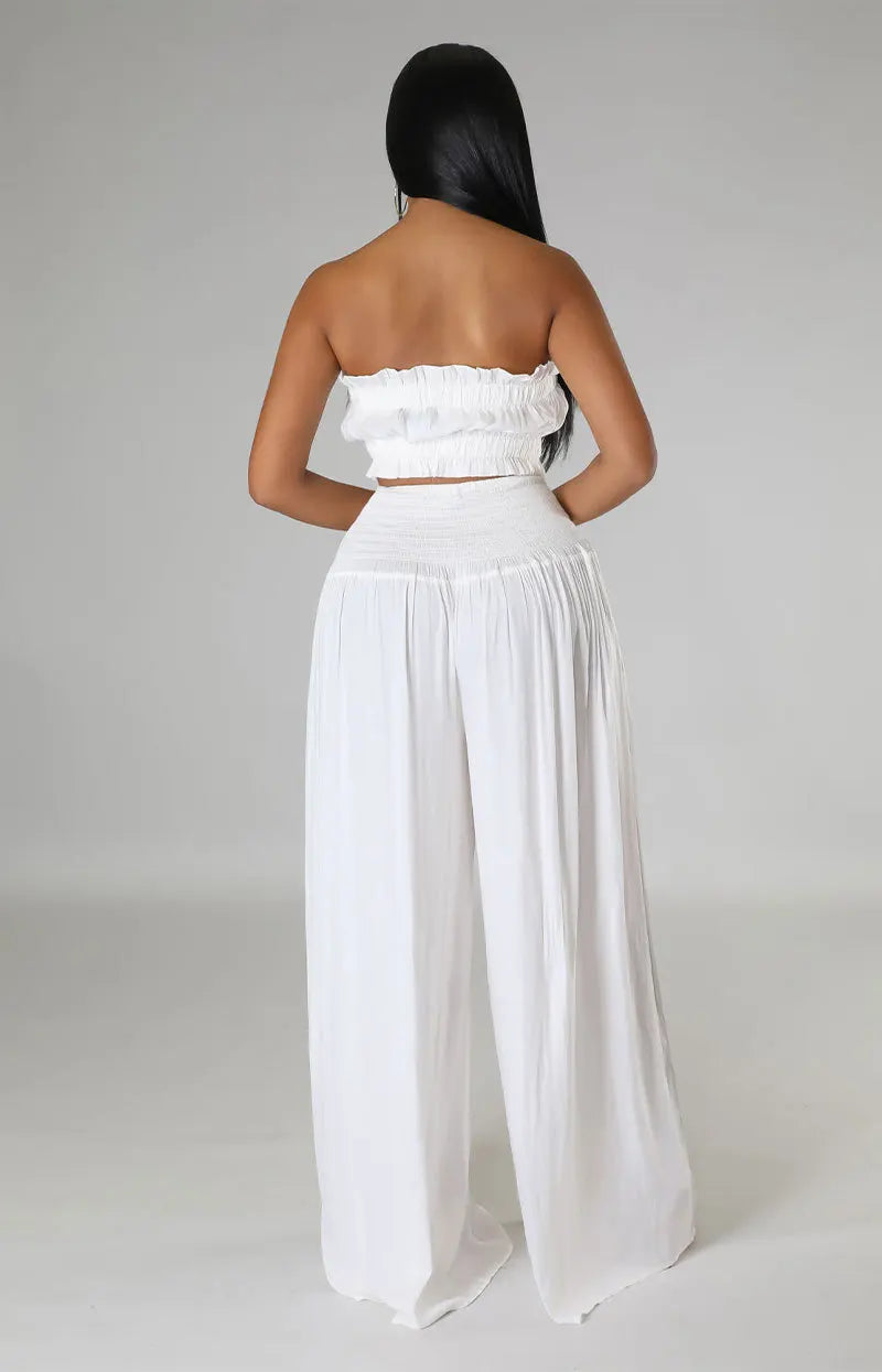 Lace Up Strapless Top Two Piece Pants Set for Women