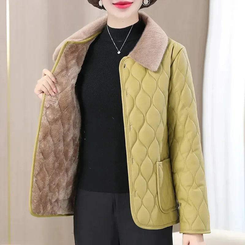 Winter Plush Jacket Winter Mom's Fashion Plus Size Loose Thick Fur Collar Coat For Mid-Aged Women With Velvet Warm Quilted Coat