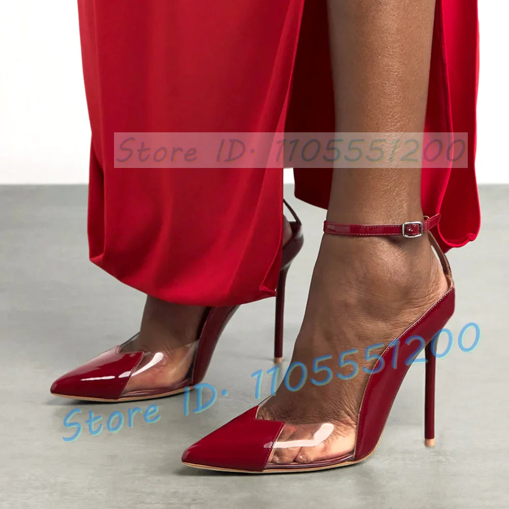 Burgundy Leather Clear PVC Stiletto Sandals for Women