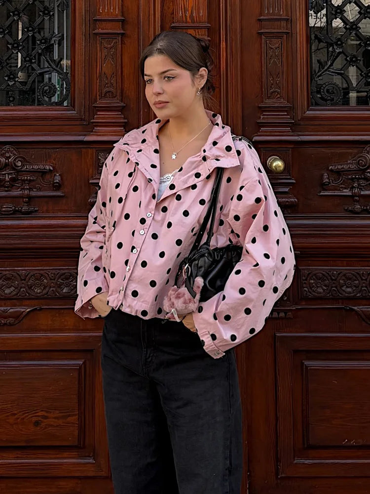 Pink Polka Dot High Collar Button Front Jacket for Women