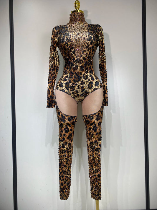 Women 2025 Stretch Leopard Print Sexy Bodycon Jumpsuit Bar Nightclub Singer Dancer Luxury Diamond Stage Performance Outfit