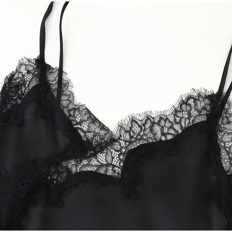 Brown Satin Lace Splicing Sling Dress Women Elegant Irregular Hem V Neck Backless Sleeveless Gown Chic Women Party Club Vestidos