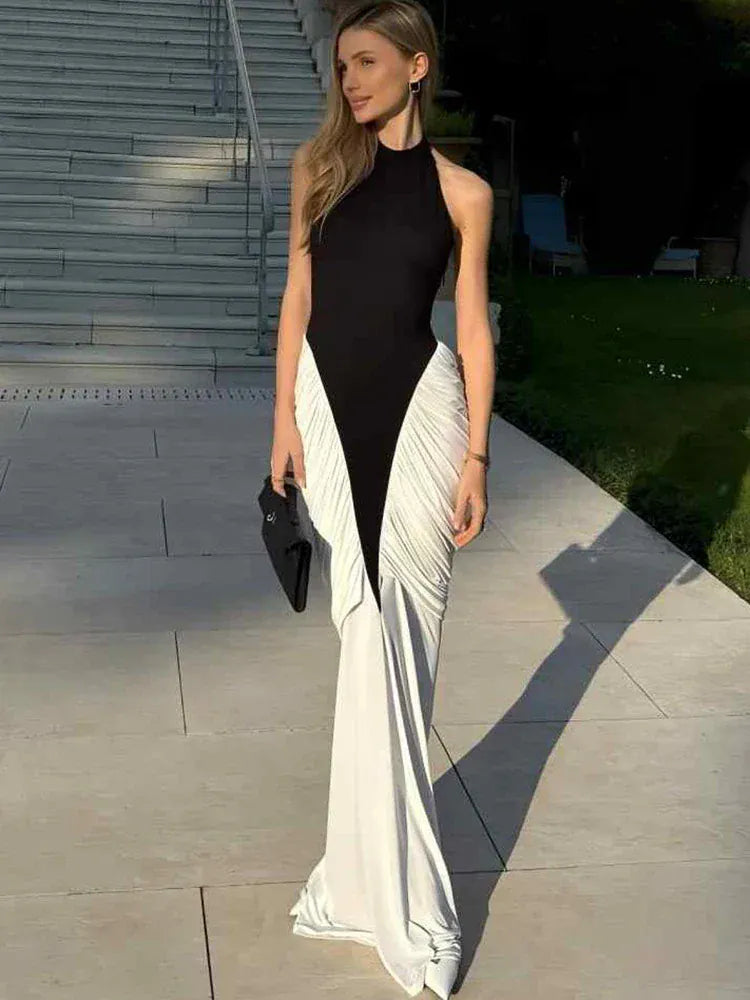 Weird Puss Ruched Maxi Dress Women Sexy Color Blocking Halter Backless Thin Slit Summer Trend Birthday Party Clubwear Vestidos