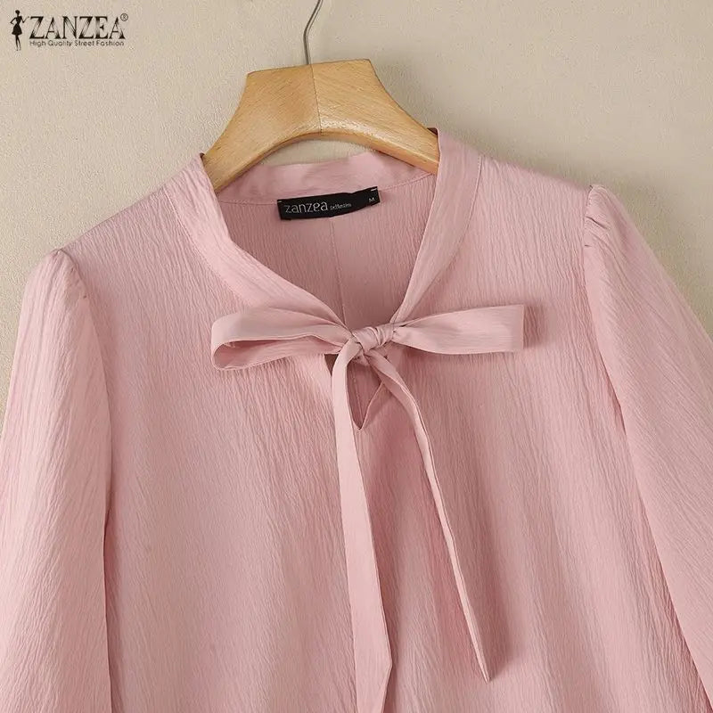 Crinkled Bow Tie Neck Puff Sleeve Blouse for Women