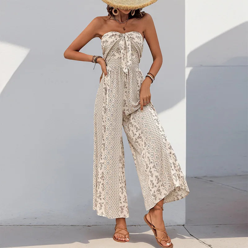 Printed Strapless Tube Top Tie Front Jumpsuit for Women