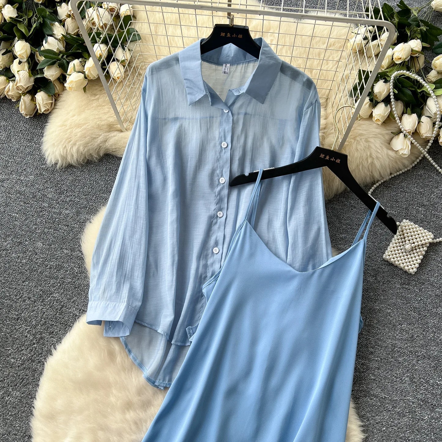 Elegant Long Sleeve Turn Down Collar Solid Color Two Piece Set for Women