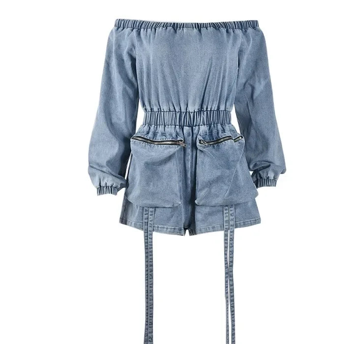 Denim Jumpsuit Womens Clothing Pocket Sexy  Chest Hugging Elastic Waist Long Sleeves Conjoined Body Shorts for Female Streetwear