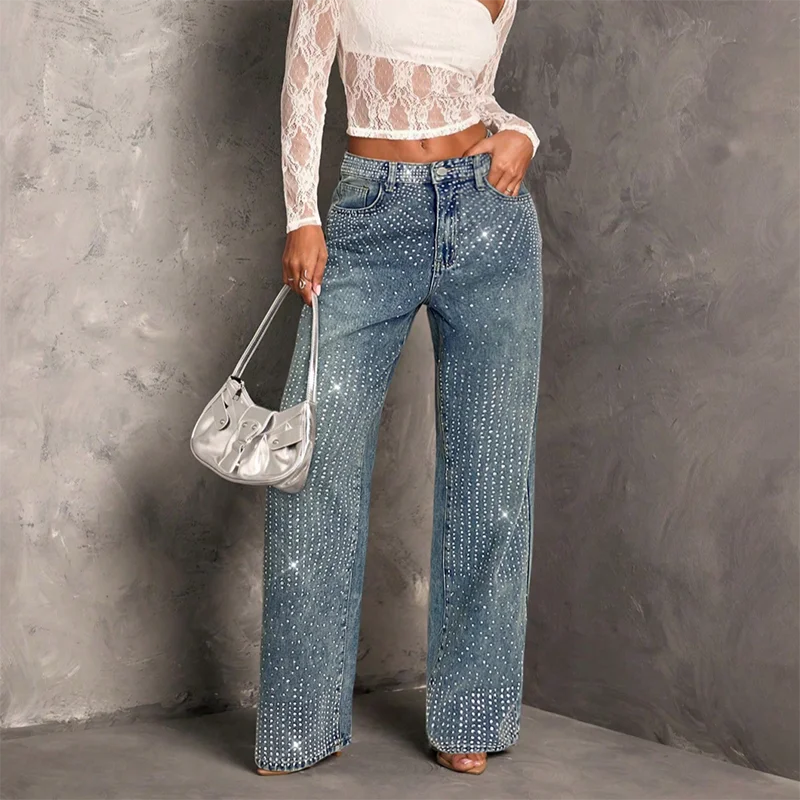 Rhinestone Decor High Waist Stretch Denim Jeans for Women