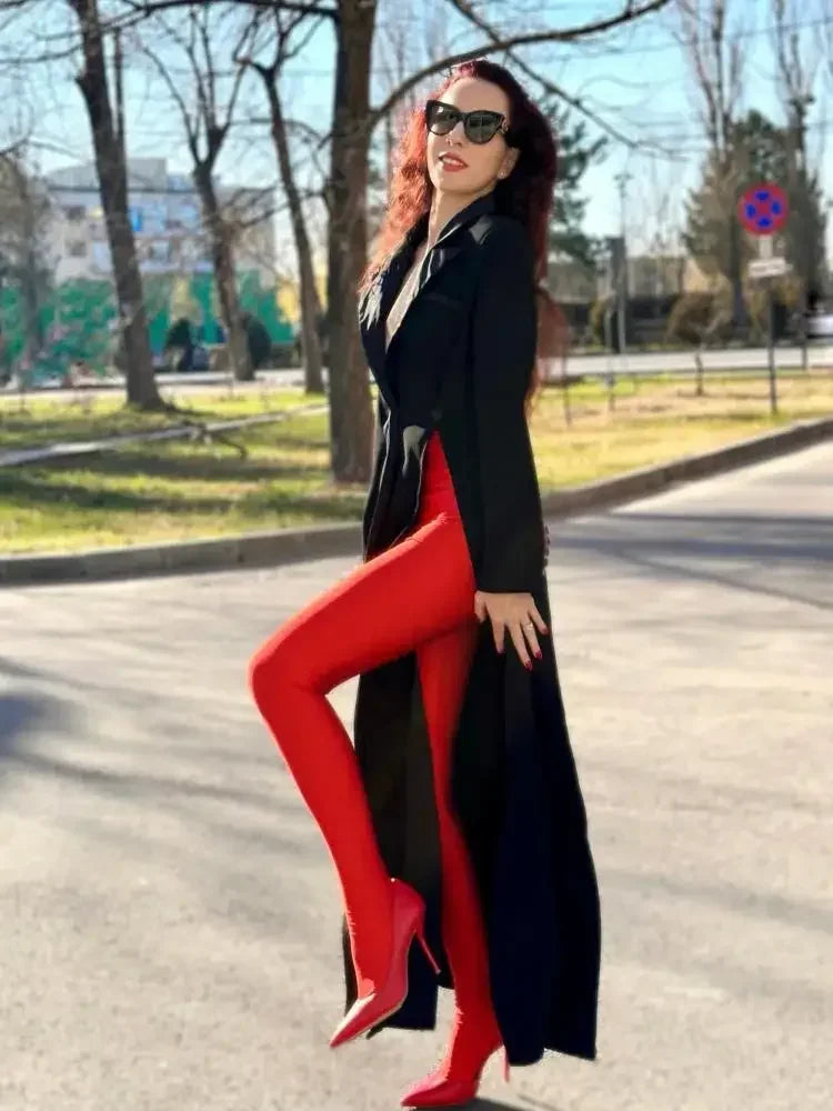 Bonboho 2026 Women's Elegant Blazer Jacket Solid Black Slim Long Sleeve Extra-Long Splited Blazer Coat Female Formal Outerwear