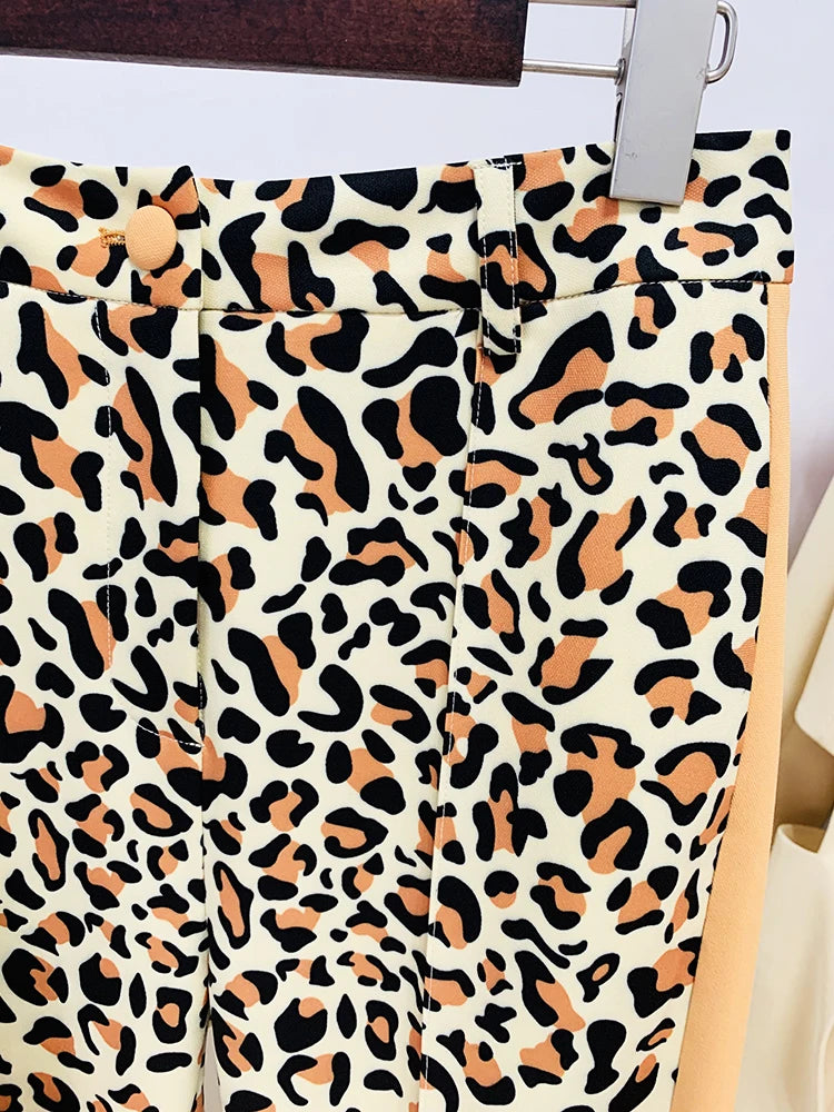 HIGH STREET Newest Fashion 2026 Designer Suit Set Women's Single Button Leopard Printed Color Block Blazer Flare Pants Suit