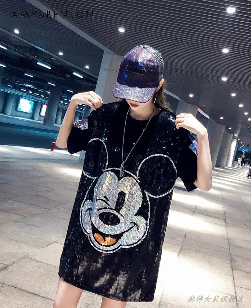 Summer New Fashion Cartoon Sequins Short Sleeve T-shirt Dress Ladies Loose Casual Mid-Length T-shirt Dress For Women
